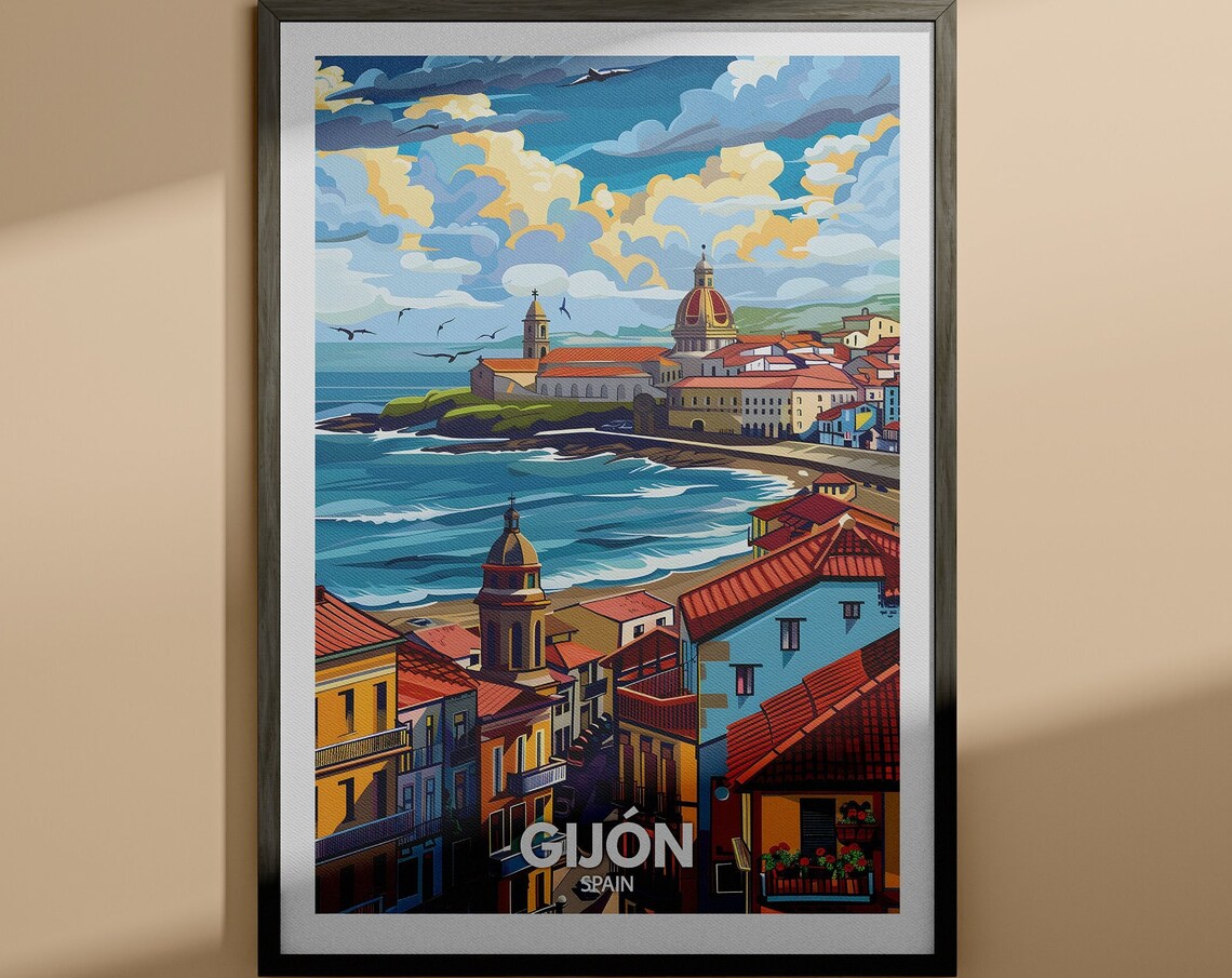 Gijon Spain Coastal Town Domed Church Sea View Travel Poster