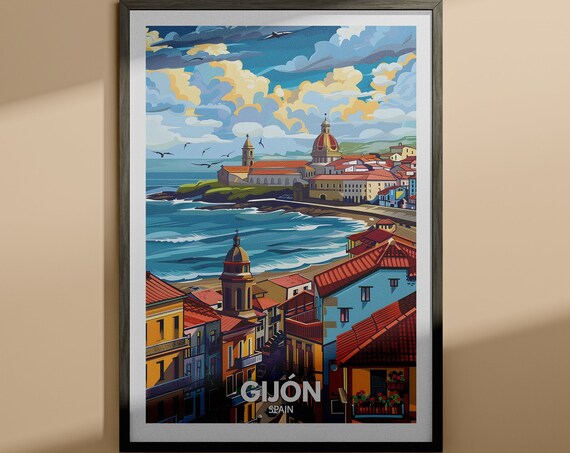Gijon Spain Coastal Town Domed Church Sea View Travel Poster