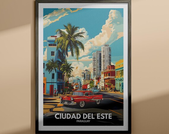Ciudad del Este Paraguay Red Classic Car Travel Poster Artwork