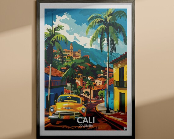 Cali Colombia Vintage Car Colorful Hillside Town Travel Poster
