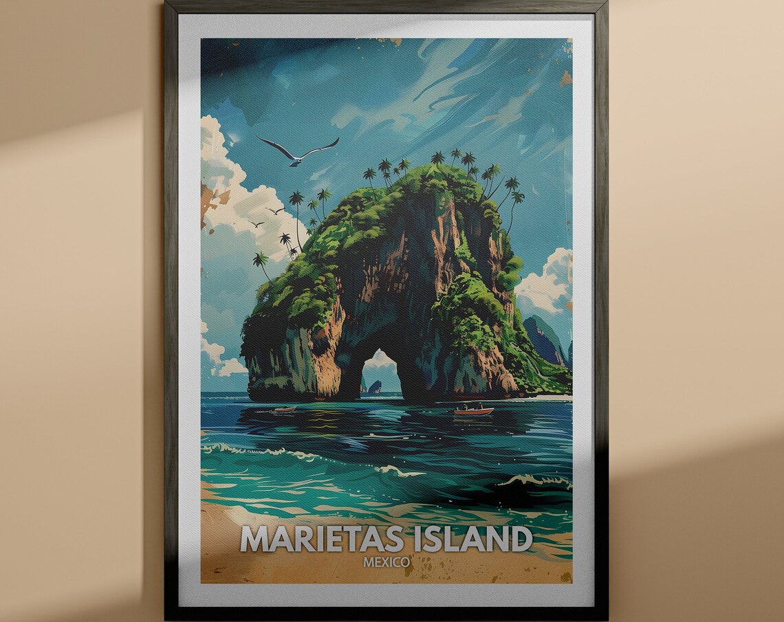Marietas Island Mexico Rocky Arch Island Boats Seabirds Ocean Travel Poster