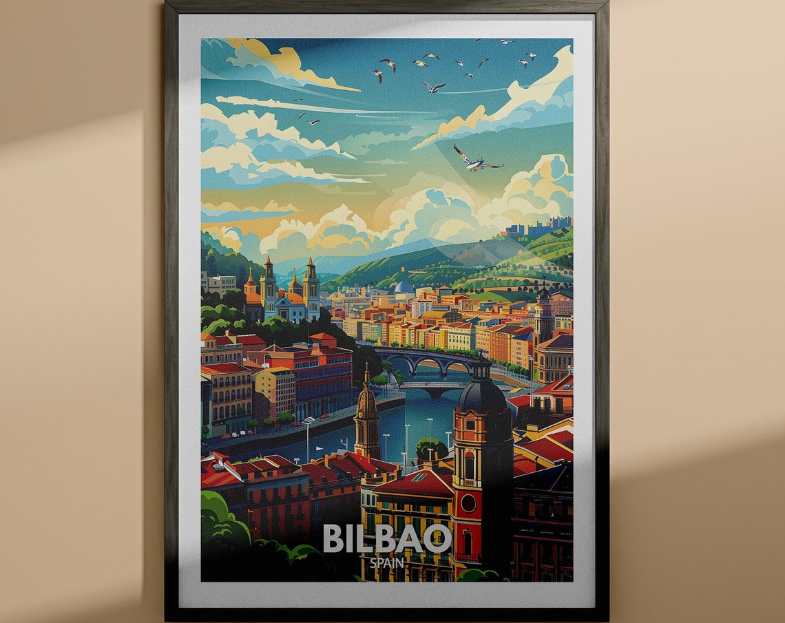 Bilbao Spain River City Bridges Red Rooftops Retro Travel Poster