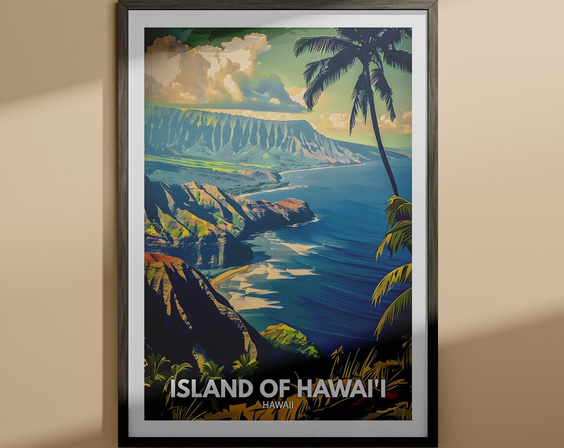 Island Of Hawaii Volcanic Cliffs Palm Trees Ocean View Travel Poster