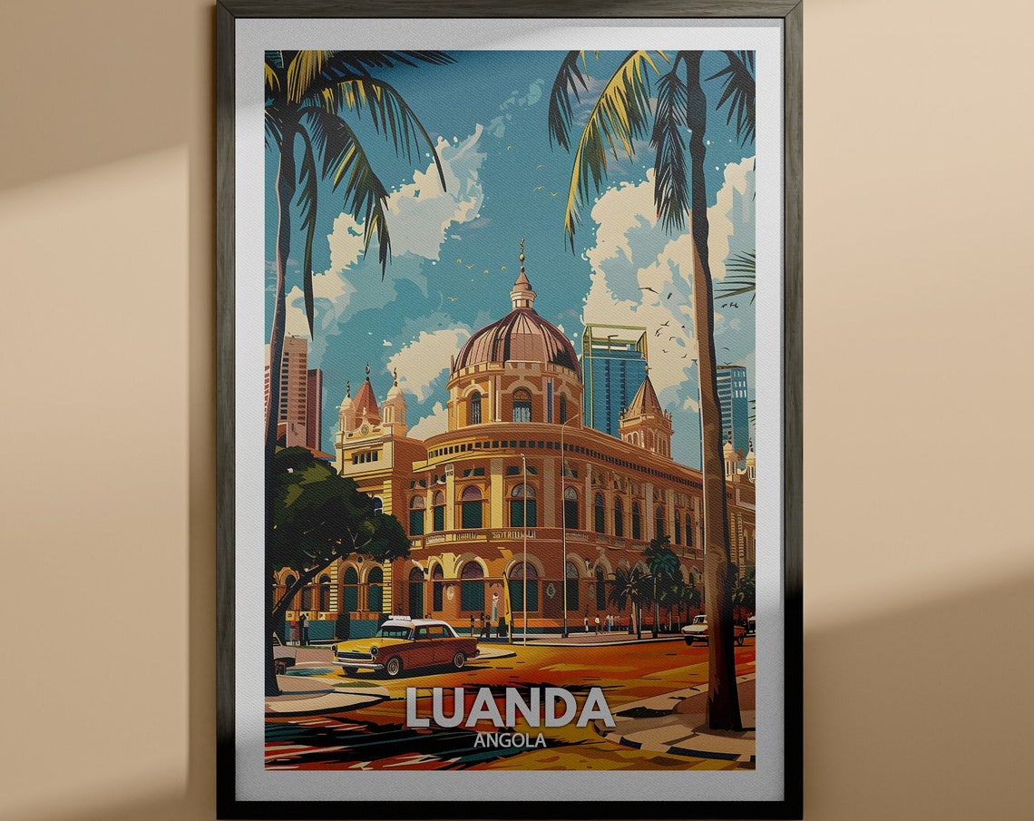 Luanda Angola Colonial Building Palm Trees Travel Poster Art
