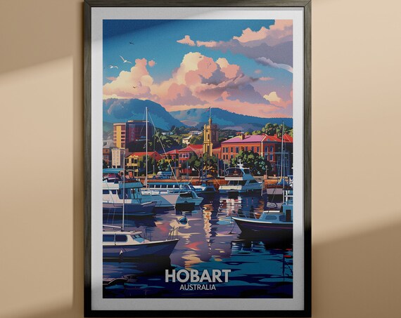Hobart Australia Harbor Boats Sunset Waterfront Travel Poster