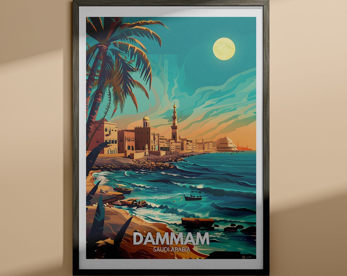 Dammam Saudi Arabia Moonlit Coastal Old Town Retro Travel Poster