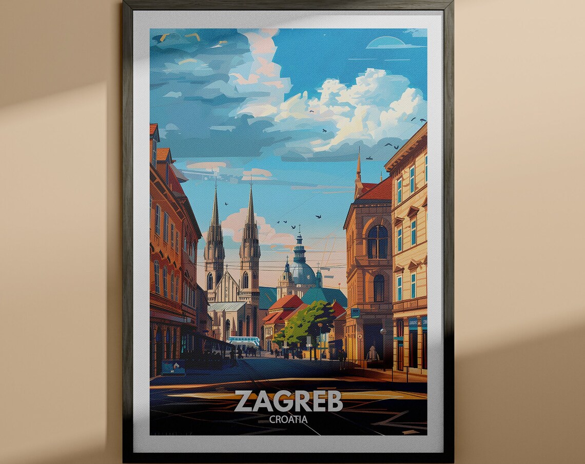 Zagreb Croatia Cathedral Street Scenic Vintage Travel Poster