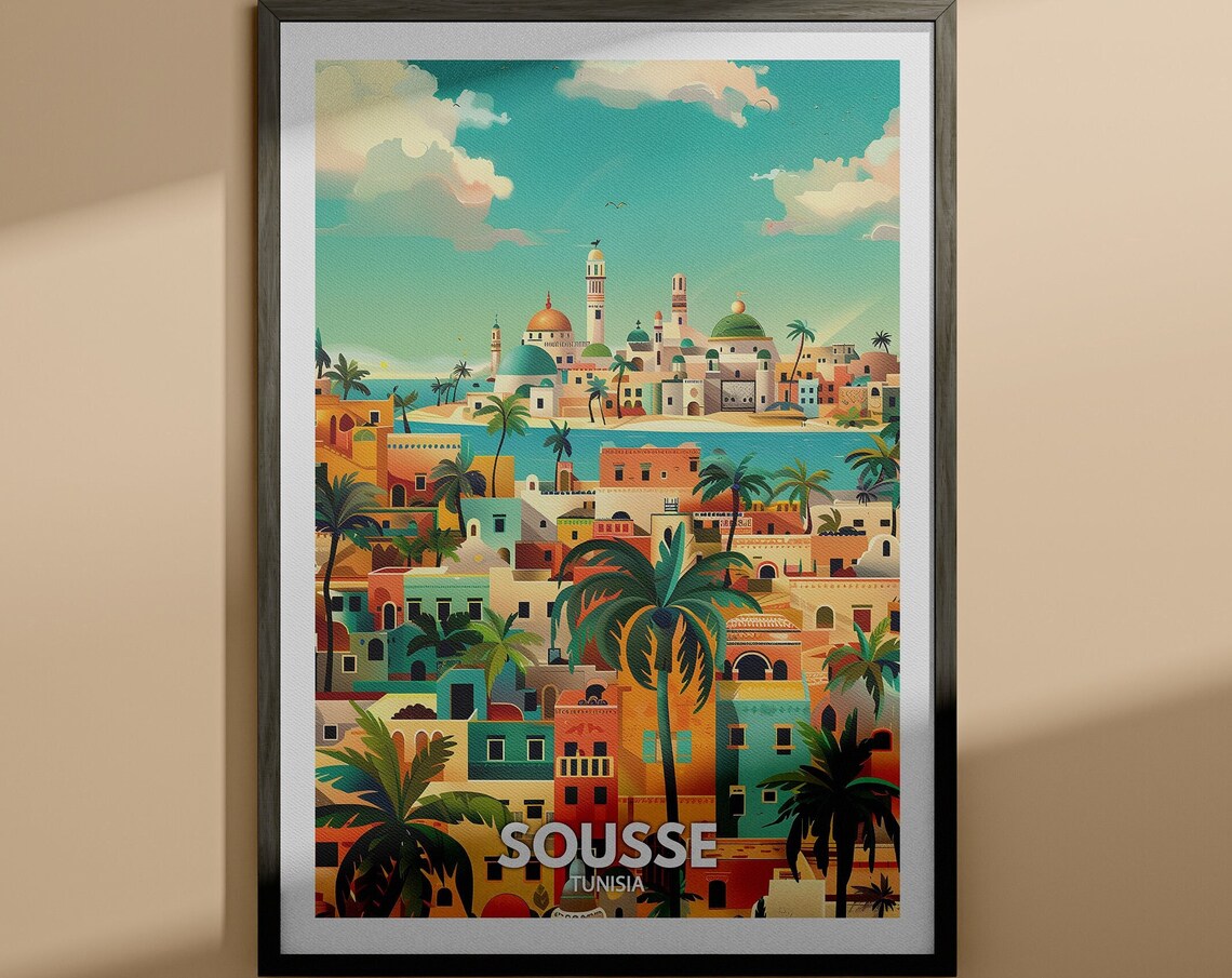Sousse Tunisia Medina Domes Minaret Palm Trees Travel Poster