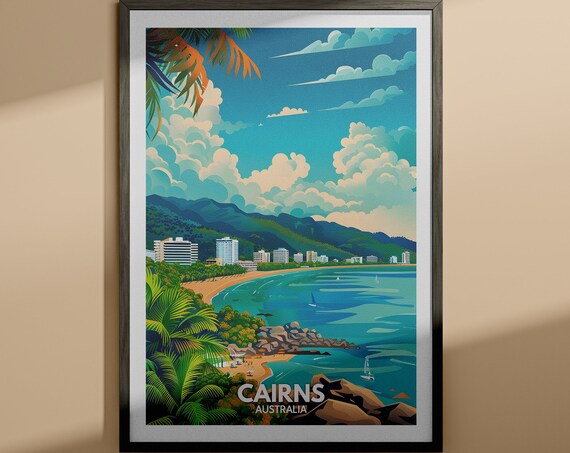 Cairns Australia Tropical Beach Hotels Palm Trees Travel Poster