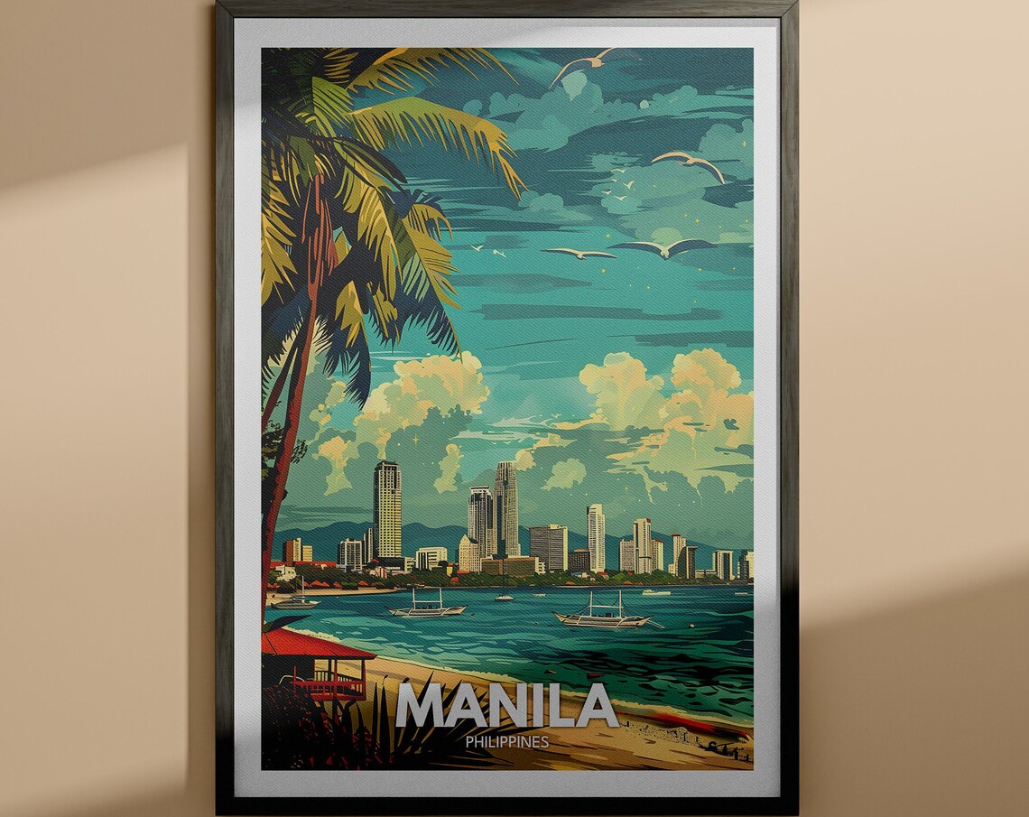 Manila Philippines Vintage Bay Skyline Travel Poster Palm Scene