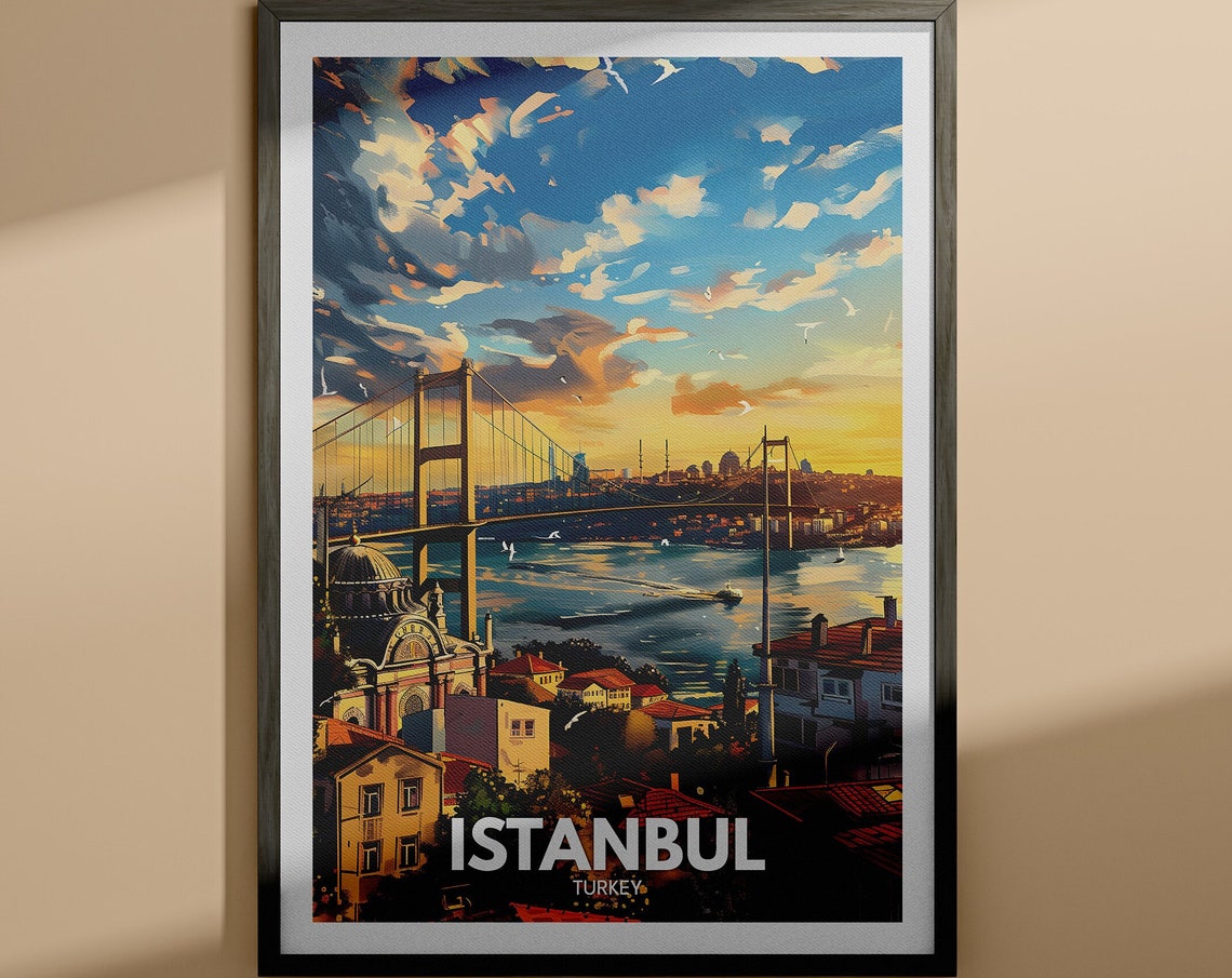 Istanbul Turkey Bosphorus Bridge Sunset Seagulls Strait Travel Poster