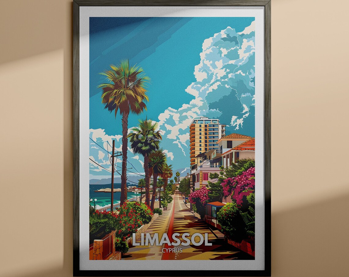 Limassol Cyprus Palm Promenade Sea View Beachfront Travel Poster