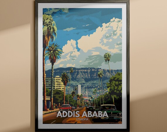 Addis Ababa Ethiopia Travel Poster Palm Avenue Vintage Cars Hills View