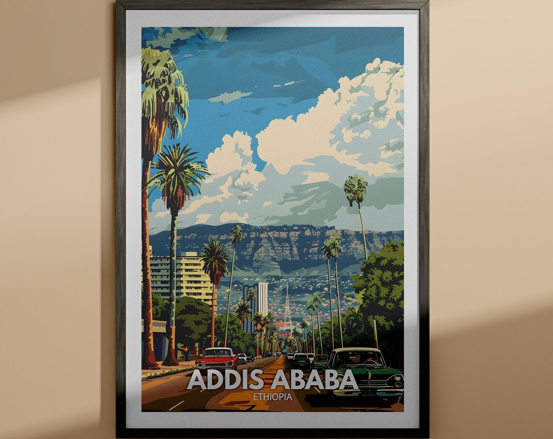 Addis Ababa Ethiopia Travel Poster Palm Avenue Vintage Cars Hills View