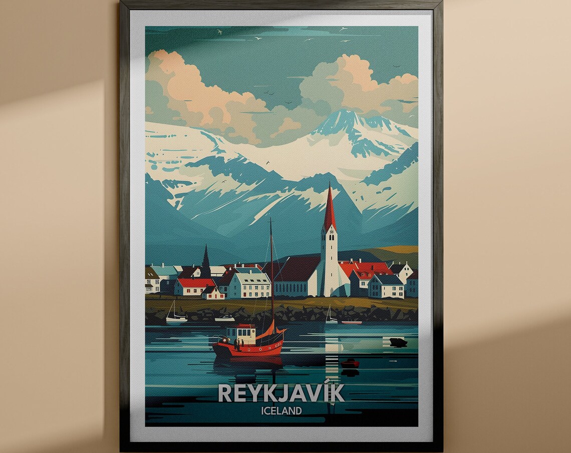 Reykjavik Iceland Harbor Church Snowy Peaks Scenic Travel Poster