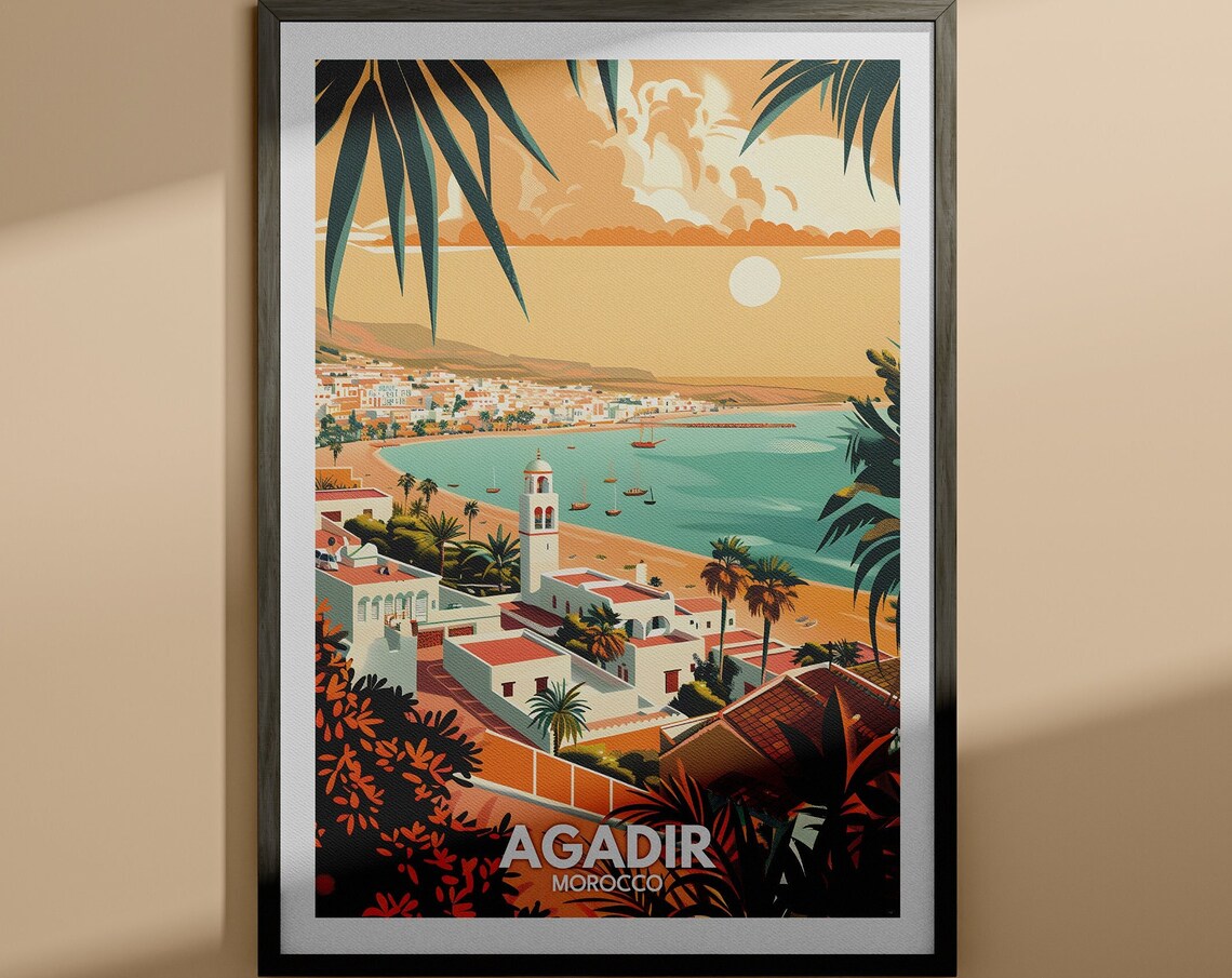 Agadir Morocco Golden Beach Sunset Bay Vintage Travel Poster