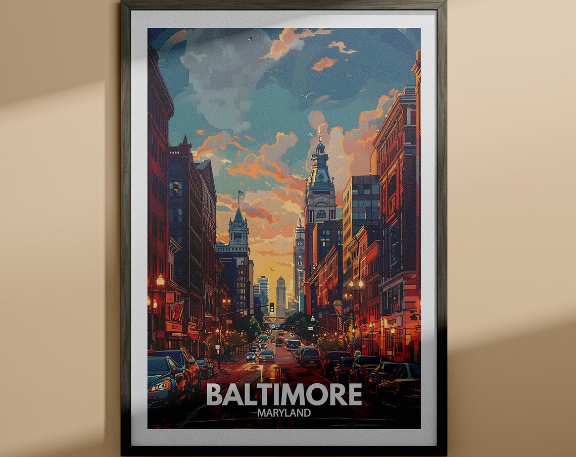 Baltimore Maryland Sunset Downtown Street City Travel Poster