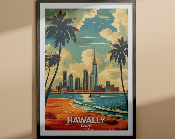 Hawally Kuwait Beach Palms Golden Skyline Vintage Travel Poster