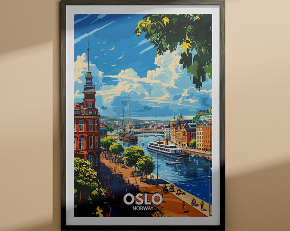 Oslo Norway Harbor Red Tower Ferry Boat Vintage Travel Poster