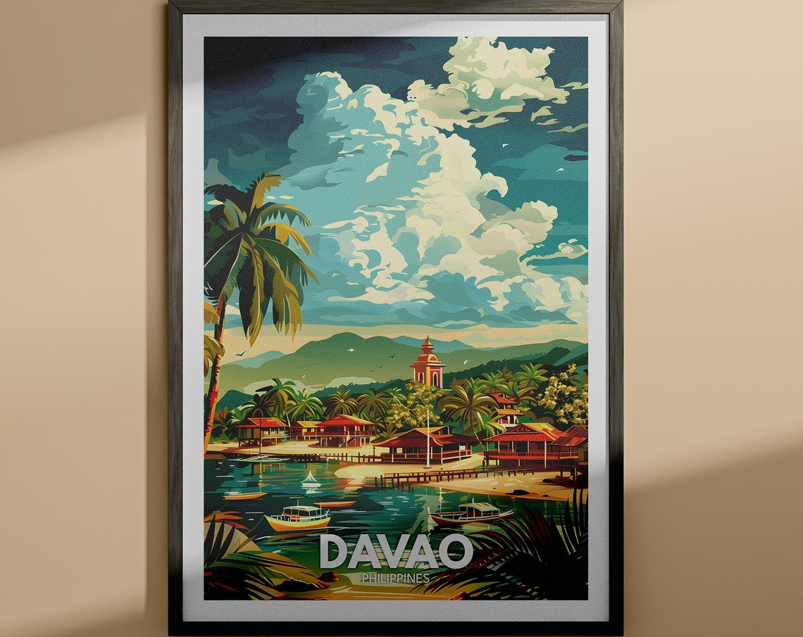Davao Philippines Coastal Village Boats Palm Trees Travel Poster