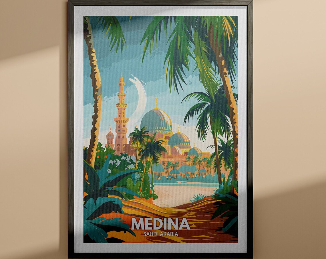 Medina Saudi Arabia Mosque Minaret Palm Vintage Travel Poster