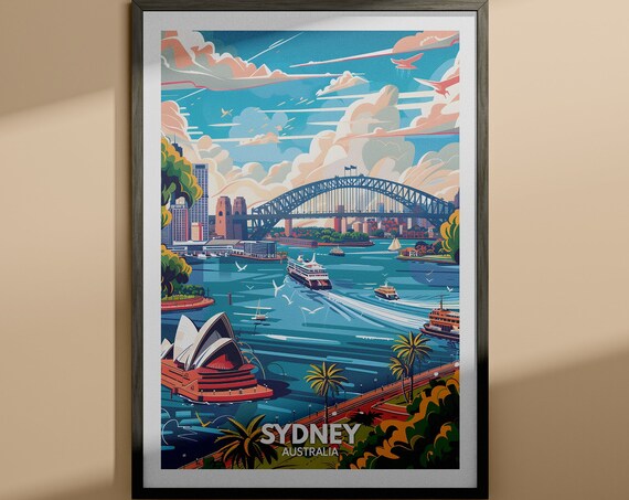 Sydney Australia Harbour Bridge and Opera House Skyline View Travel Poster