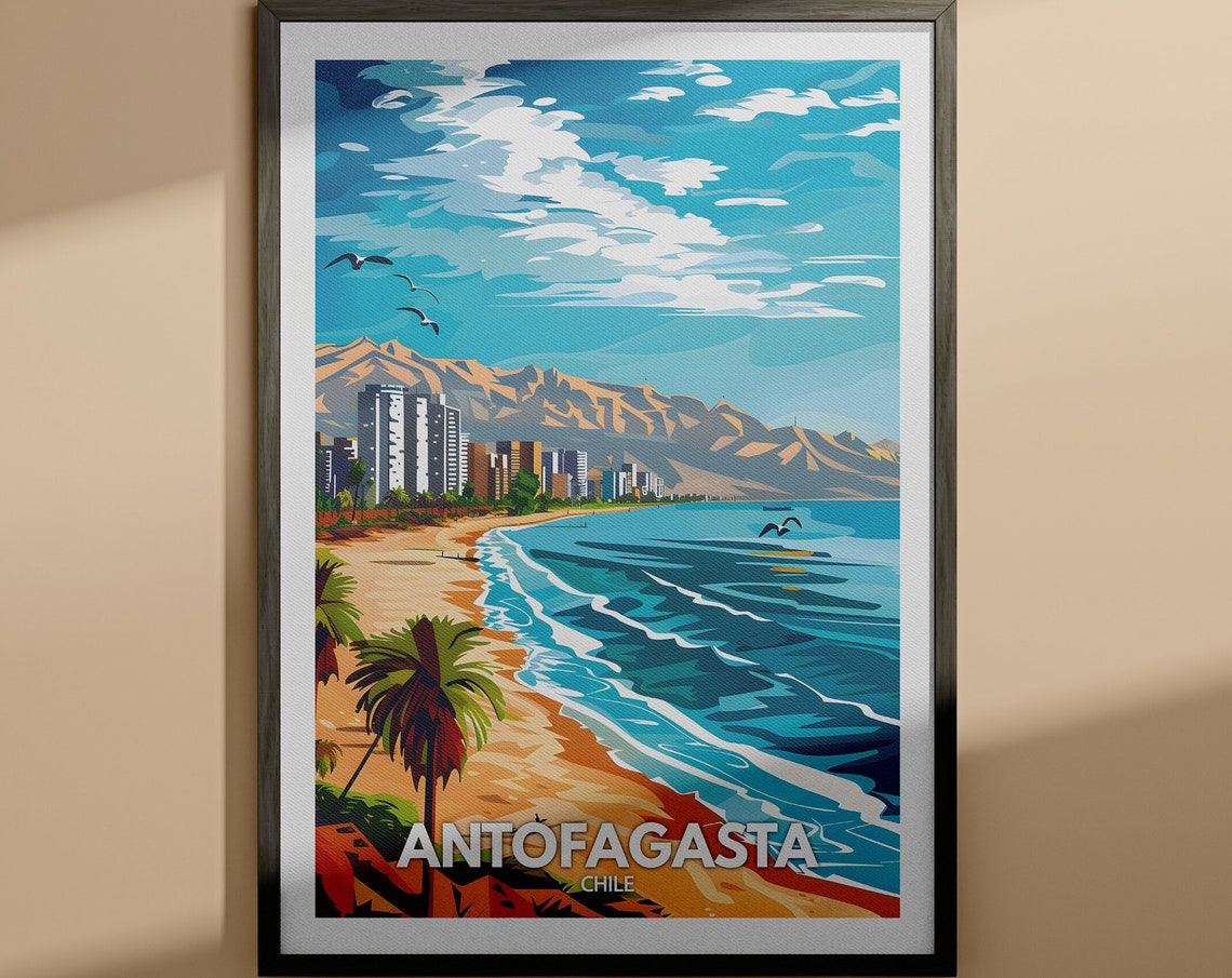 Antofagasta Chile Pacific Beach Mountains Vintage Travel Poster