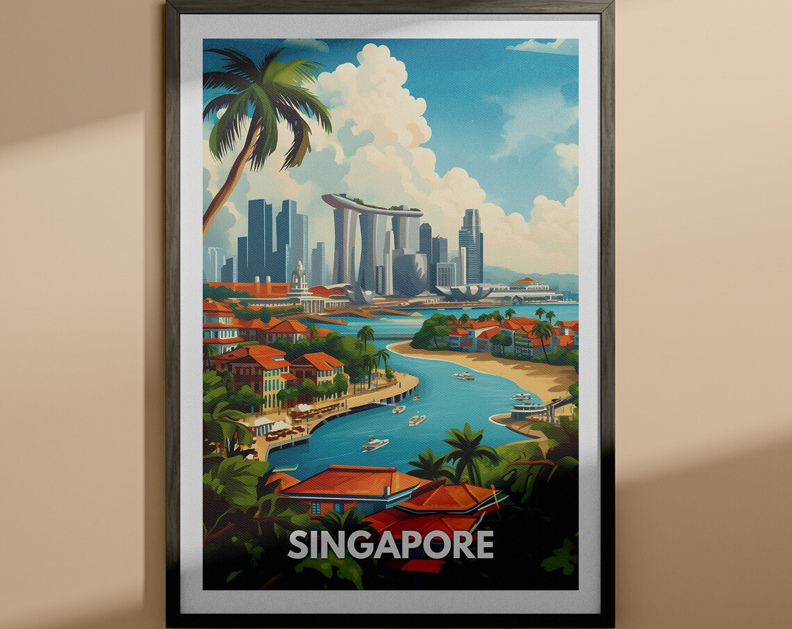 Singapore Marina Bay Skyline Classic Illustrated Travel Poster