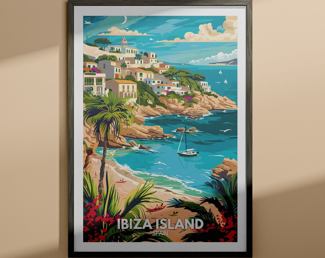 Ibiza Island Spain Sunlit Beach Coastal Cove Vintage Travel Poster