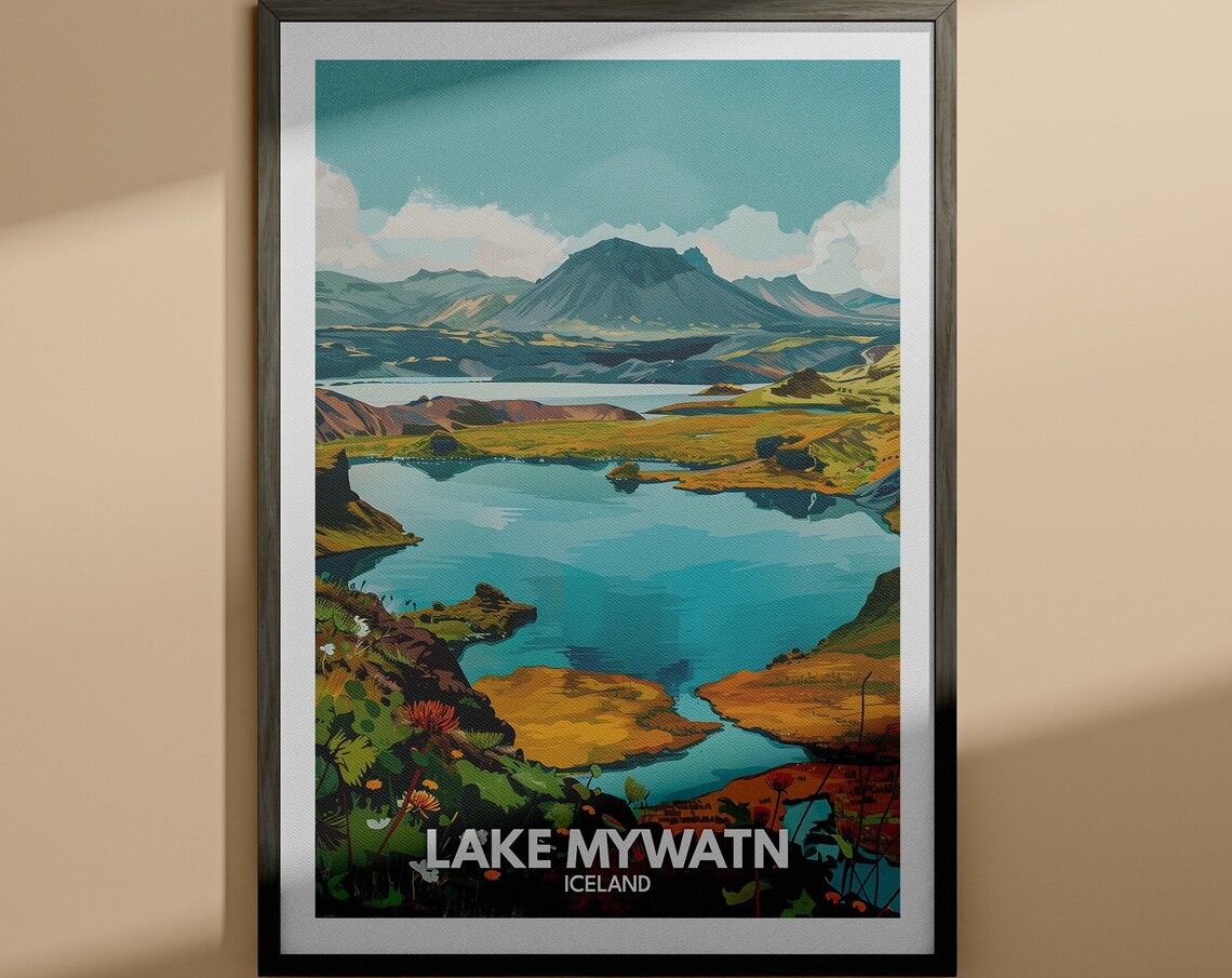 Lake Mywatn Iceland Wild Mountain Lake Landscape Travel Poster