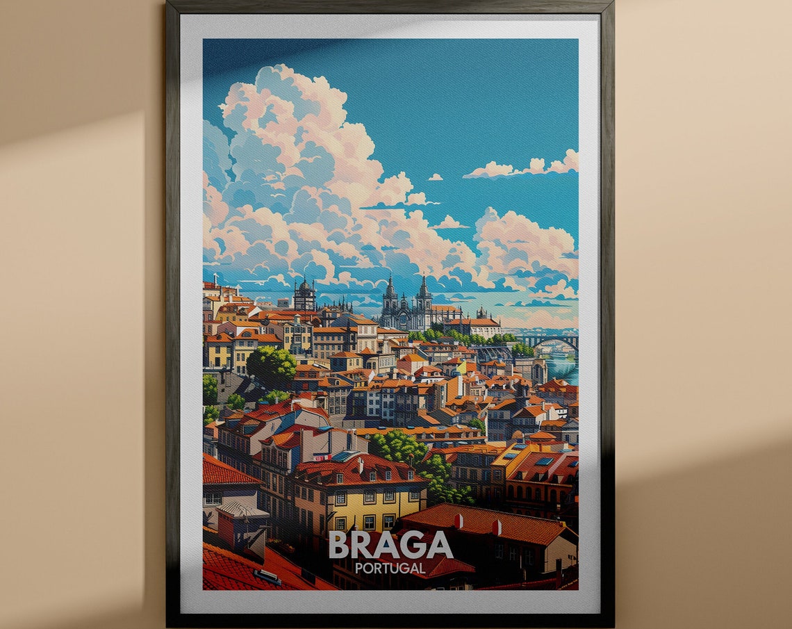 Sunlit Braga Portugal Red Rooftops Cathedral City View Poster