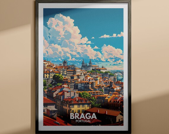 Sunlit Braga Portugal Red Rooftops Cathedral City View Poster