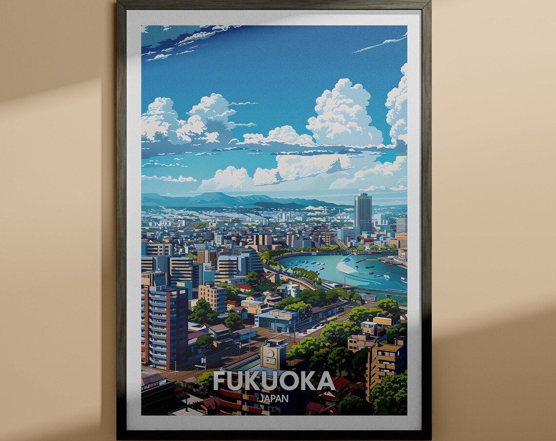 Fukuoka Japan Anime Style Skyline Harbor Dramatic Clouds Poster