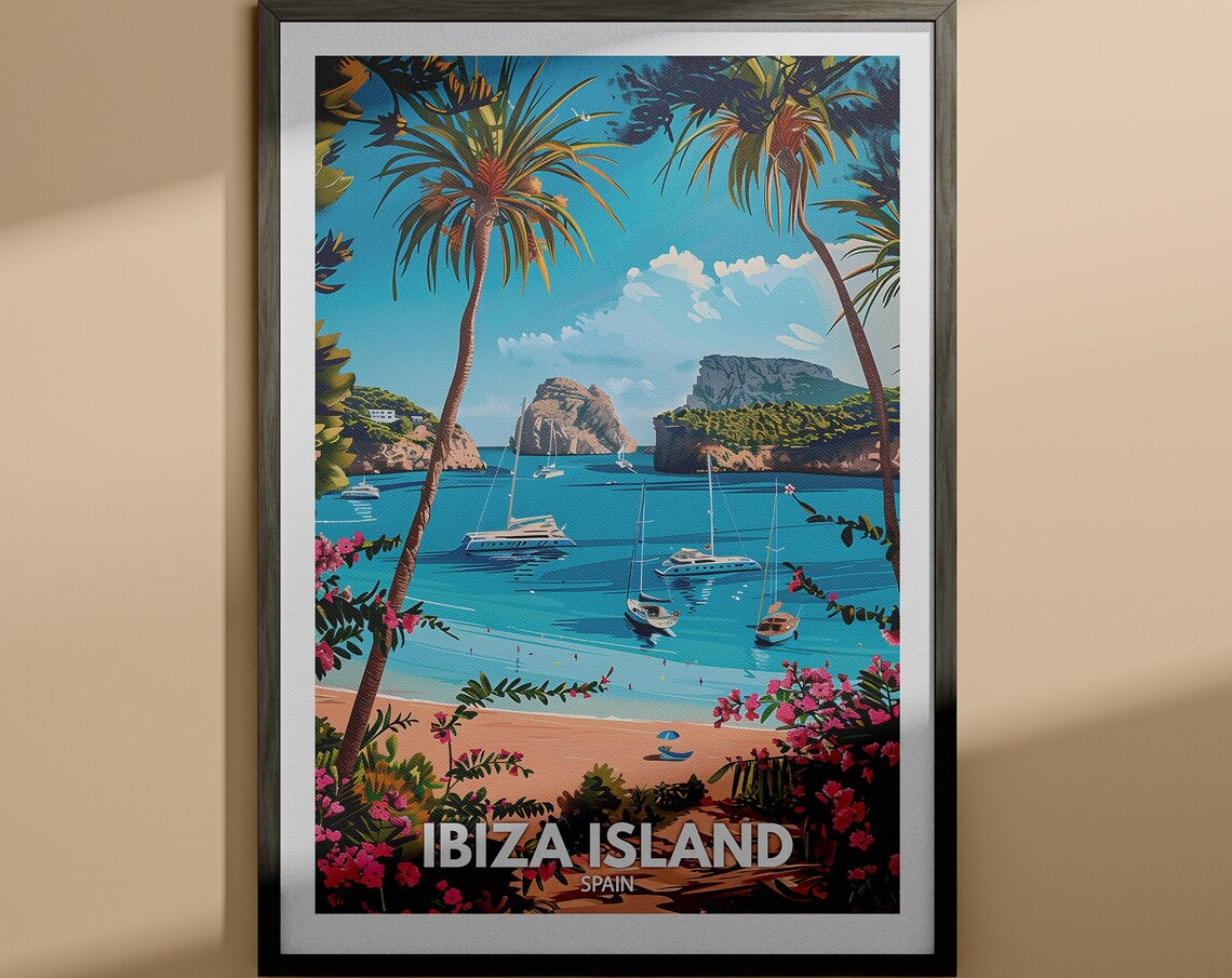 Ibiza Island Spain Turquoise Bay Sailboats Beach Travel Poster