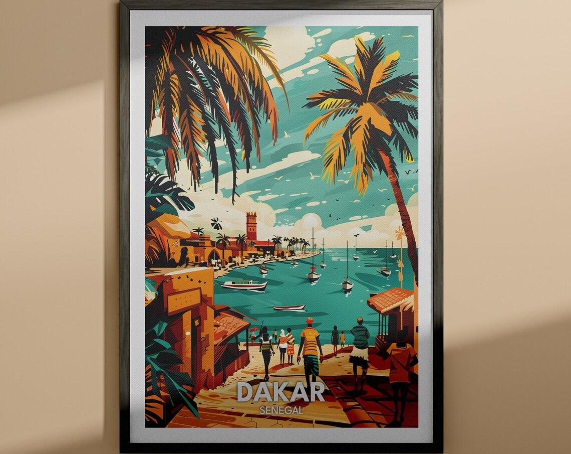 Dakar Senegal Harbor Palm Trees Fishing Boats African Travel Poster