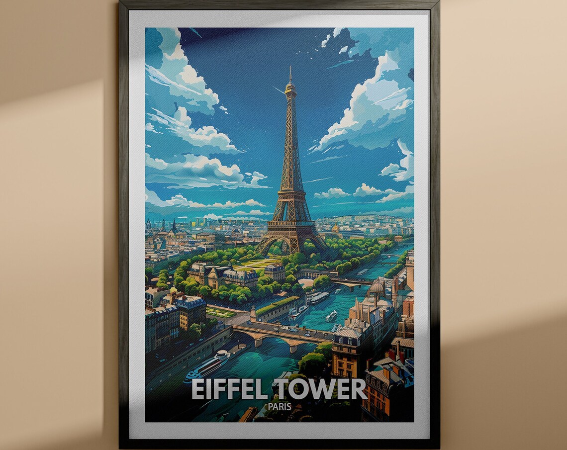Eiffel Tower Paris Seine France Aerial City Vintage Travel Poster