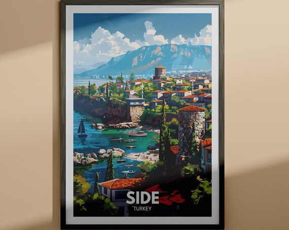 Side Turkey Ancient Harbor Ruins Blue Bay Retro Travel Poster