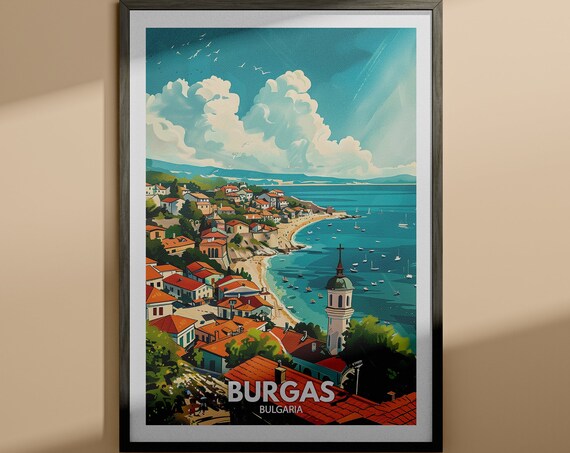 Burgas Bulgaria Seaside Town Red Roofs Vintage Travel Poster
