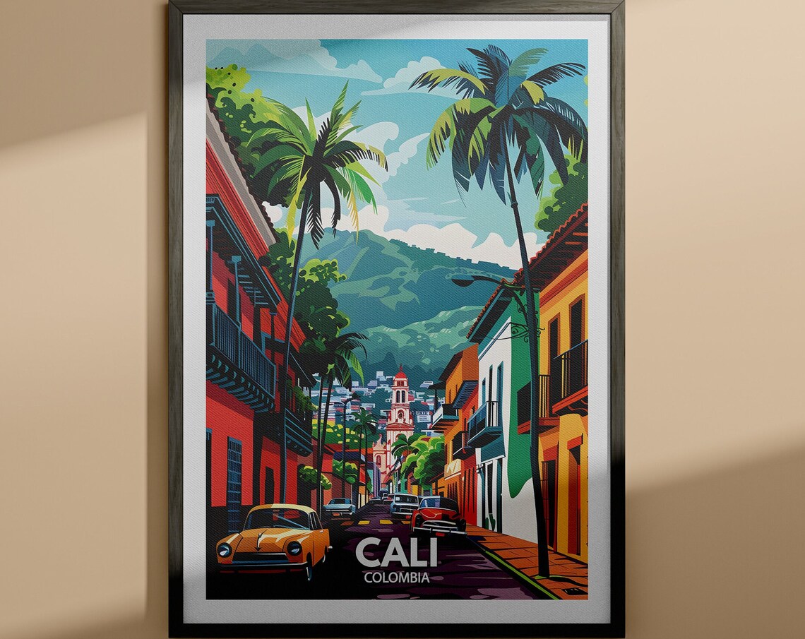 Cali Colombia Colorful Street Palms Mountain City Fiesta Travel Poster