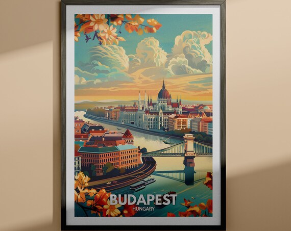 Budapest Hungary Parliament Bridge Danube Sunset Vintage Travel Poster