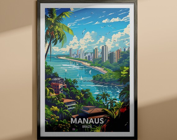 Manaus Brazil Tropical Coast Skyline Vintage Travel Poster Art