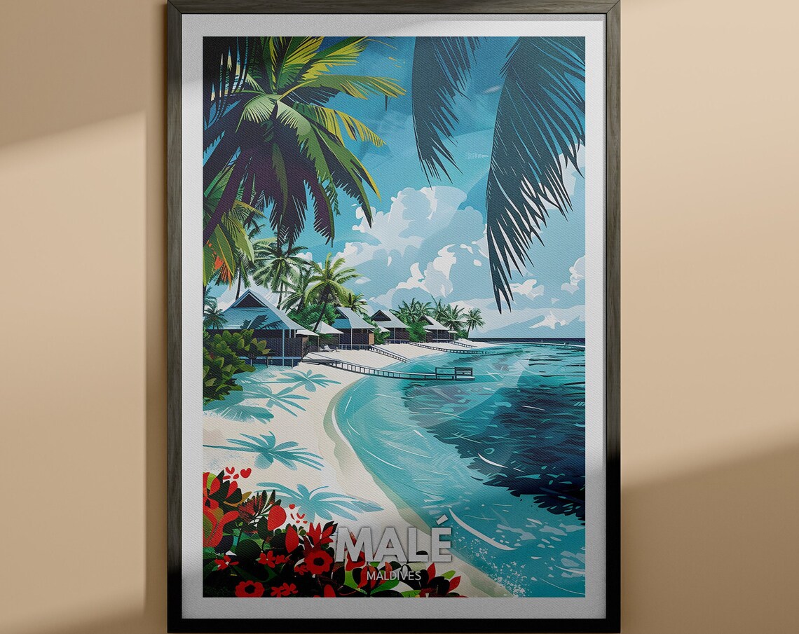 Male Maldives Tropical Beach with Palm Trees and Huts Travel Poster