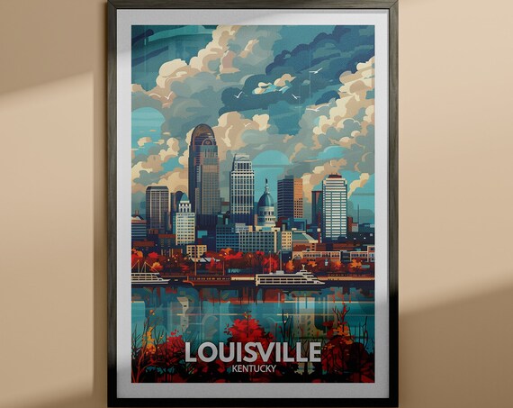 Louisville Kentucky Skyline River Sunset Vintage Travel Poster