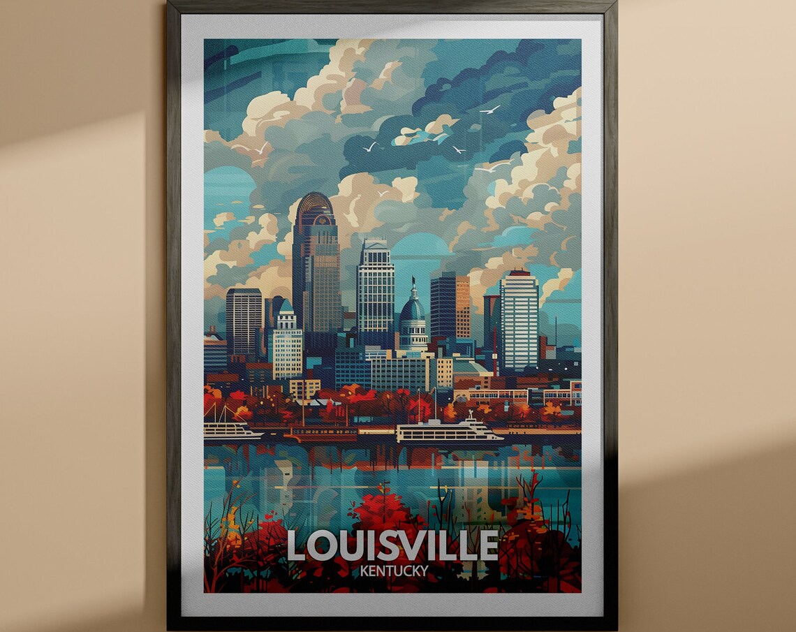 Louisville Kentucky Skyline River Sunset Vintage Travel Poster