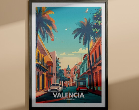 Valencia Venezuela Colorful Colonial Street Vintage Travel Poster