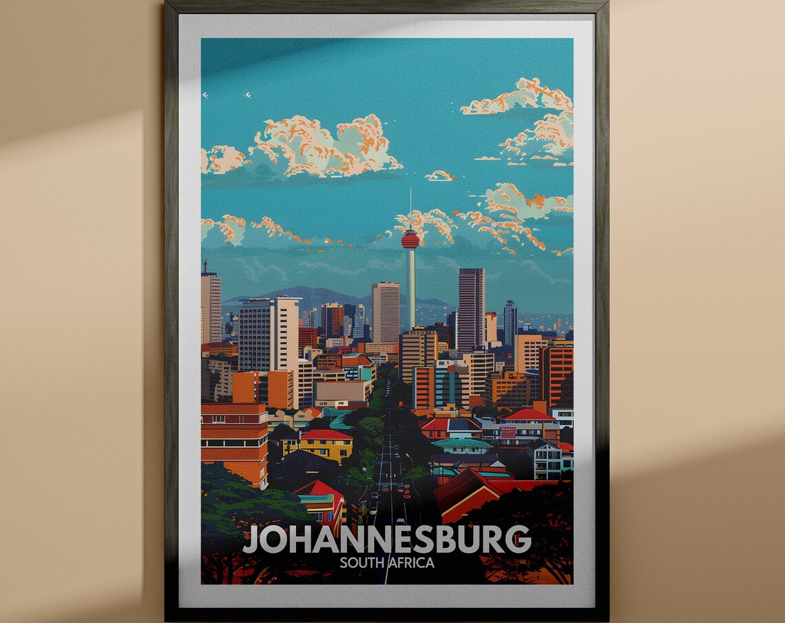 Johannesburg South Africa Retro Skyline Cityscape Travel Poster
