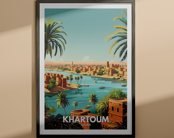 Khartoum Sudan Nile River Palms Desert Vintage Travel Poster