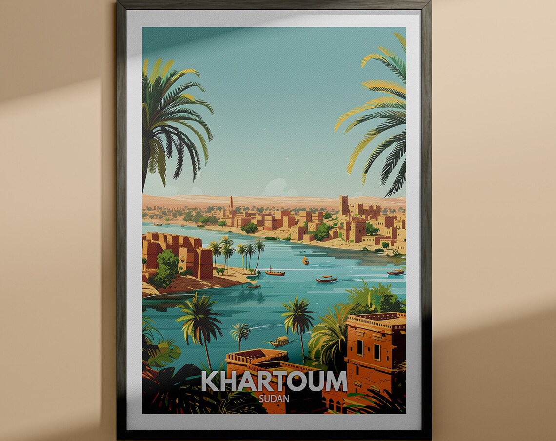 Khartoum Sudan Nile River Palms Desert Vintage Travel Poster