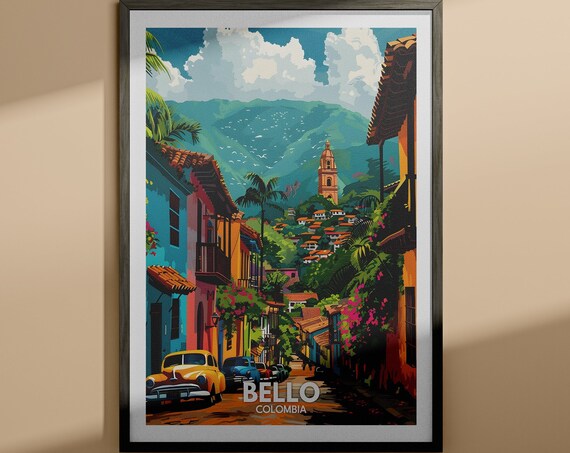 Bello Colombia Colorful Street Classic Car Mountain Vintage Travel Poster