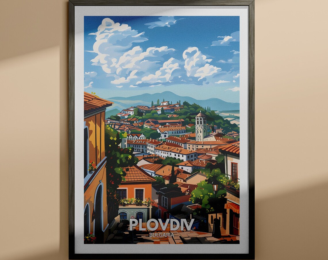 Plovdiv Bulgaria Old Town Rooftops Vintage Travel Poster Illustration